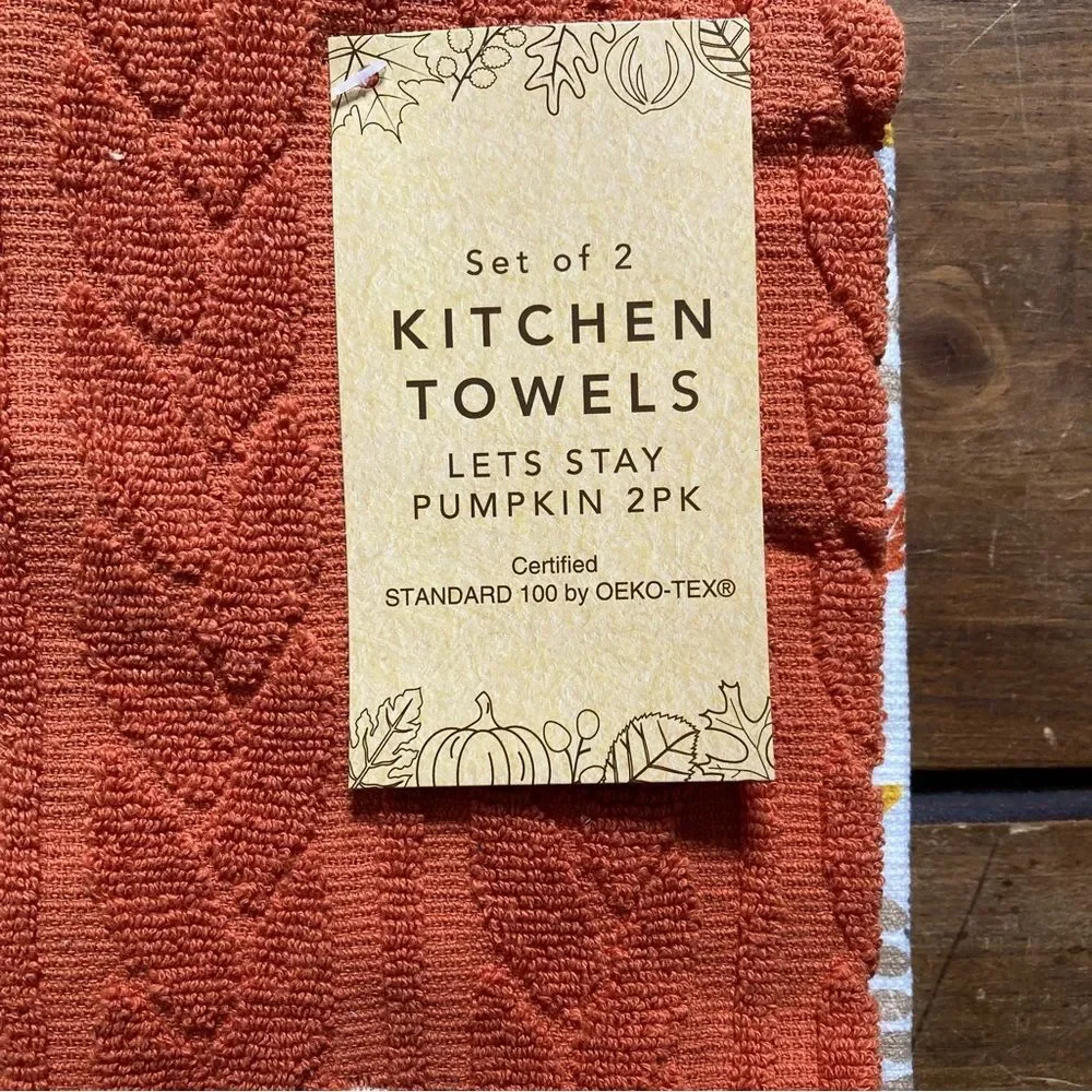 NWT Kitchen Towels Set of 2 Thanksgiving Fall Home Decor Orange White